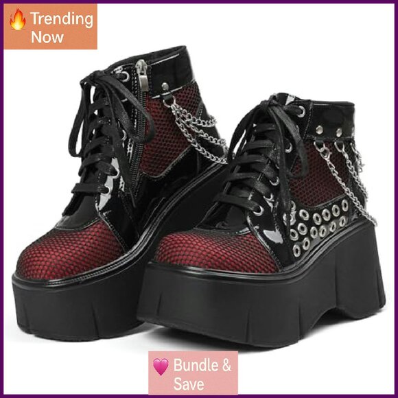 Platform Wedge Ankle Boots Lace Up Combat Booties Round Toe Mesh Chain - Picture 8 of 8